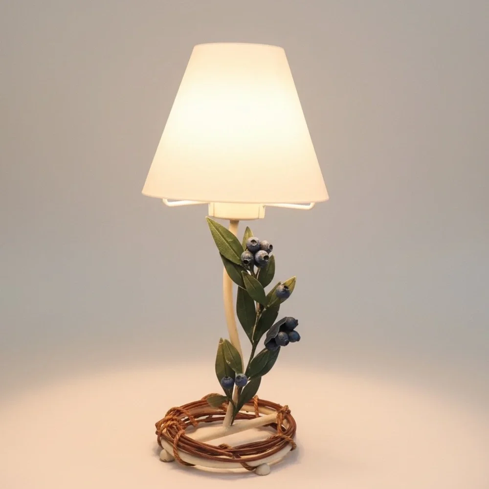 Candle holder lamp with blueberries, metal with frosted glass lampshade, vintage